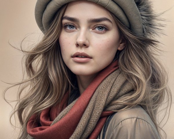 Young woman in cozy hat and scarf with serene expression