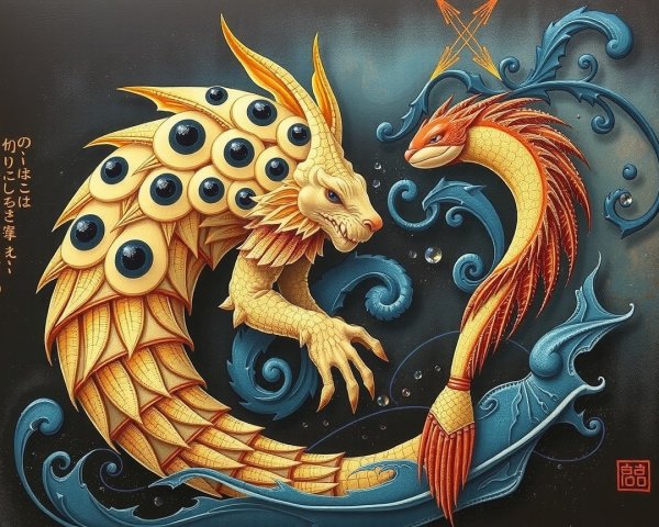 Dragon and Fish Intertwined in a Blue Ocean Scene