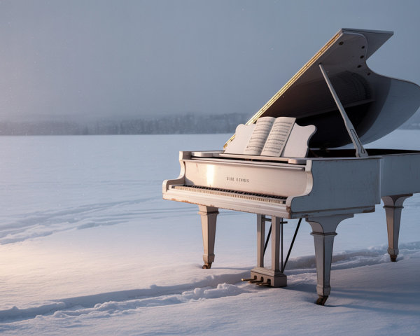 White Grand Piano in Snowy Winter Landscape