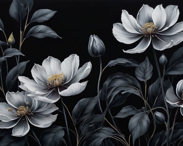 Digital Painting of White Flowers with Gold Centers