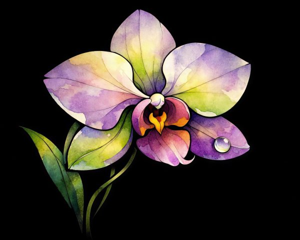 Watercolor Painting of Orchid Flower on Black Background