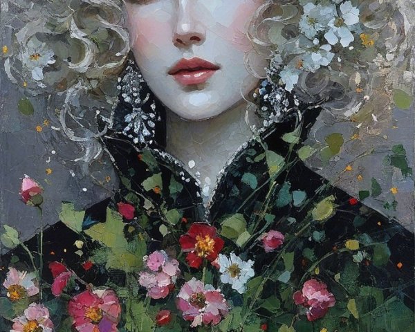 Young Woman with Flowers in Serene Floral Setting