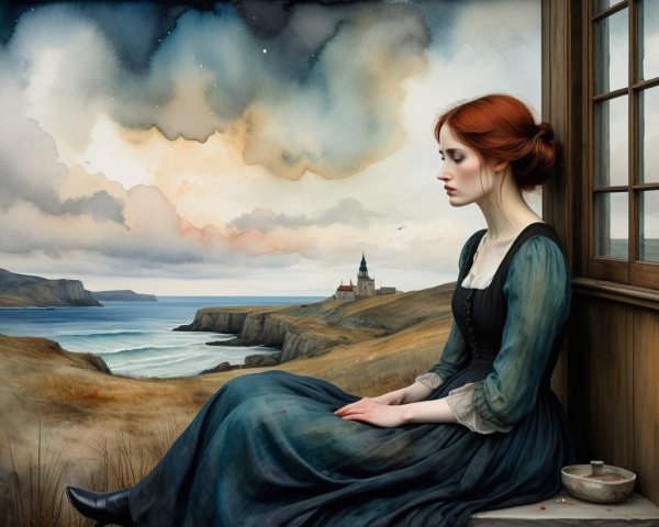Solitary Woman with Red Hair on Coastal Windowsill