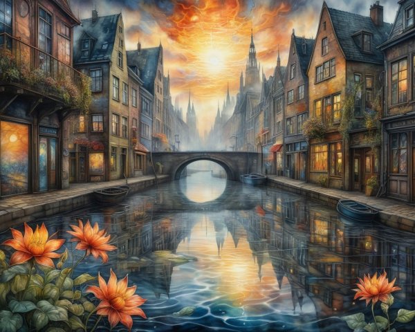 Watercolor Painting of a Quaint Town at Sunset