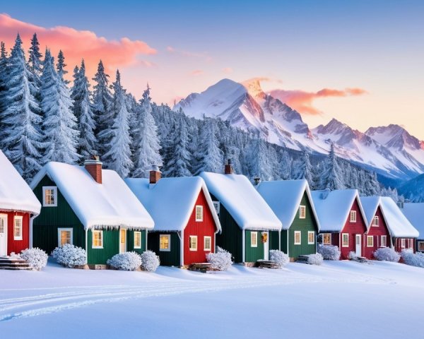 Winter Cottages in Snowy Landscape with Mountains
