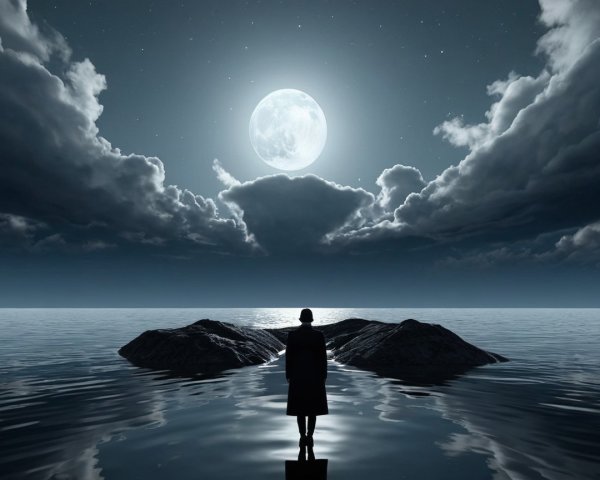 Solitary Figure by Tranquil Water Under Full Moon
