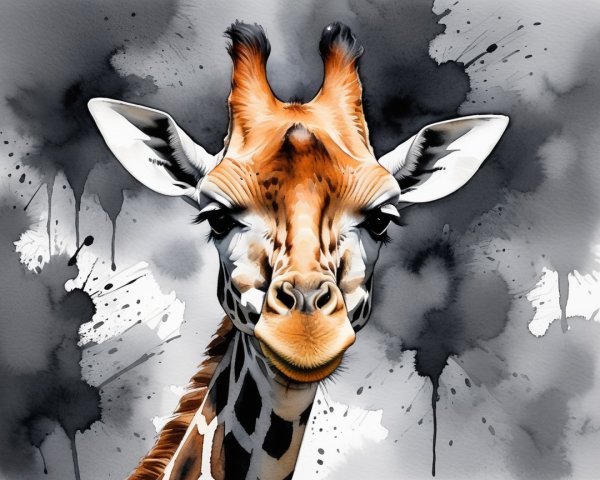 Illustration of a giraffe's face with artistic background