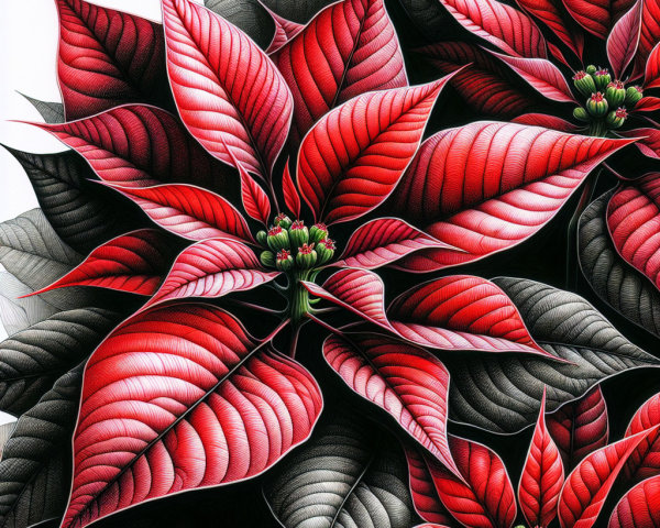 Vibrant Poinsettia Leaves with Rich Red and Green Hues