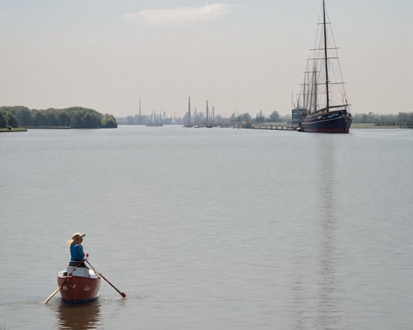 Serene River Scene with Rowboat and Tall Ship