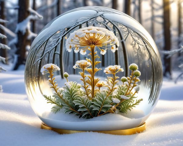 Glass Snow Globe with Snowy Plants in Winter Forest