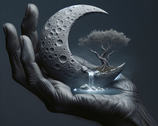 Textured Hand Holding Detailed Crescent Moon Scene