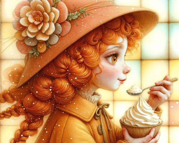 Whimsical Illustration of a Girl with Cupcake and Hat