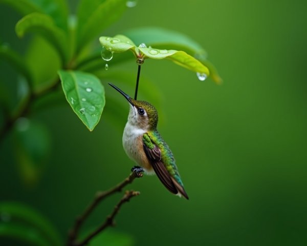 Hummingbird on Branch Amidst Raindrops and Leaves
