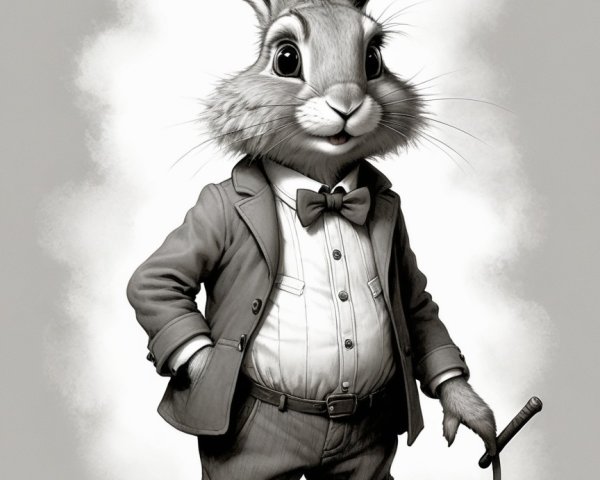 Dapper Rabbit in Tailored Suit with Cane and Bow Tie