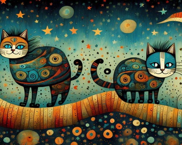 Whimsical Cats on a Branch Under Starry Night Sky