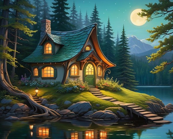 Cottage by Lakeshore with Green Roof and Moonlight
