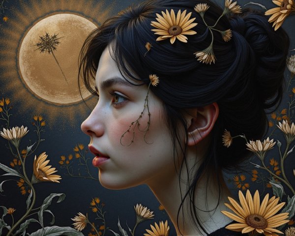 Young woman with floral hair and glowing moon backdrop