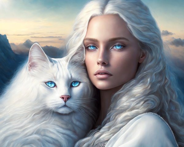Mystical Scene of Woman and White Cat in Dreamlike Sky