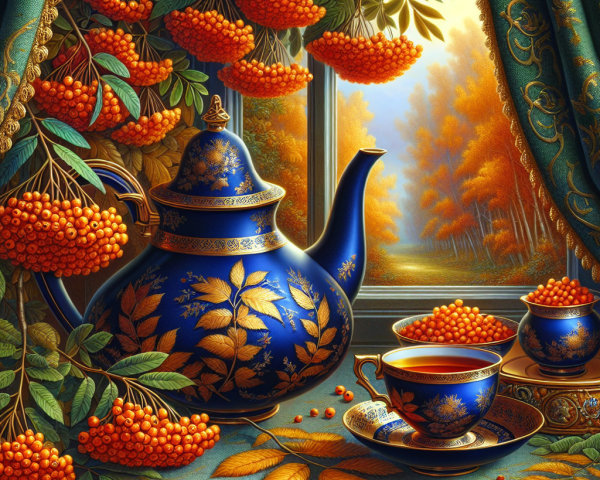 Vibrant Still Life with Blue Teapot and Autumn Foliage