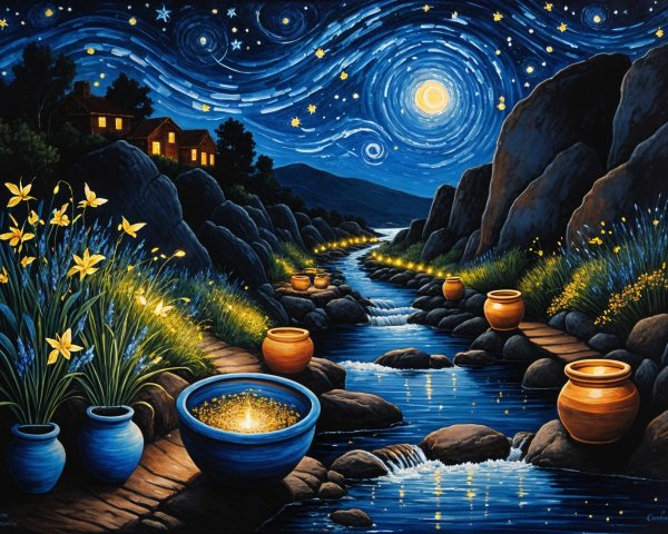 Serene Night Scene with River and Starry Sky