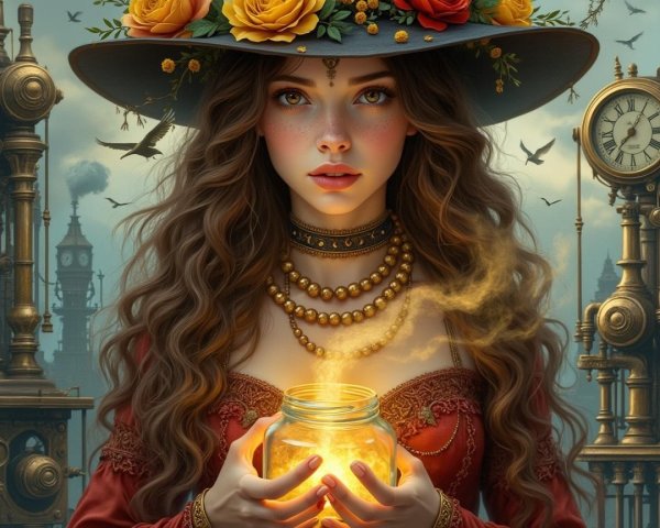 Young woman in red dress with glowing jar in steampunk setting
