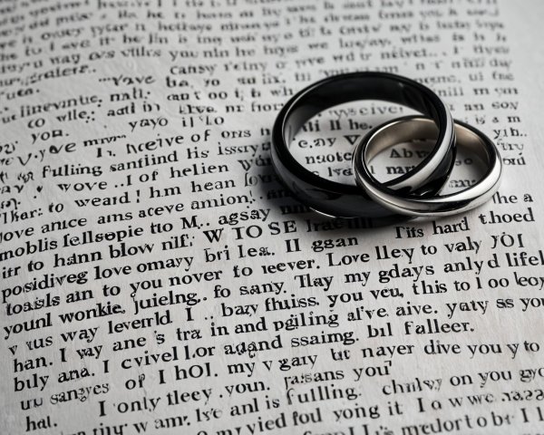 Wedding Rings on Vintage Book with Romantic Text