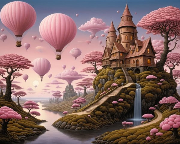 Whimsical Landscape with Castle and Hot Air Balloons
