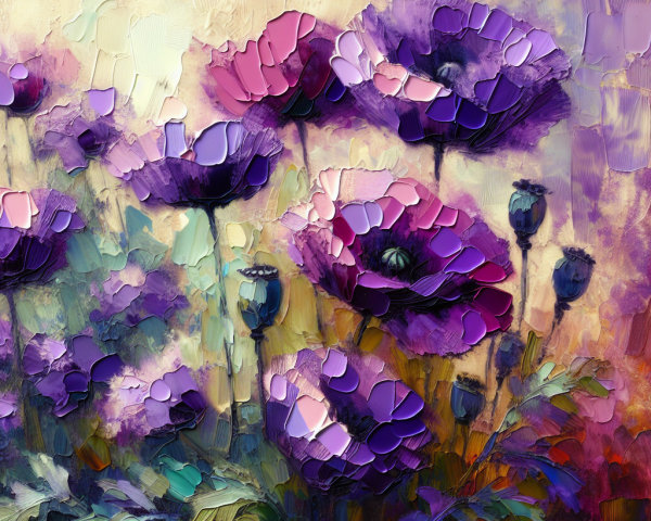 Intricate Oil Painting of Poppies in Vibrant Hues