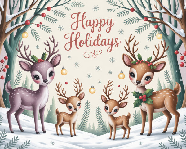 Holiday Illustration of Reindeer in Snowy Forest
