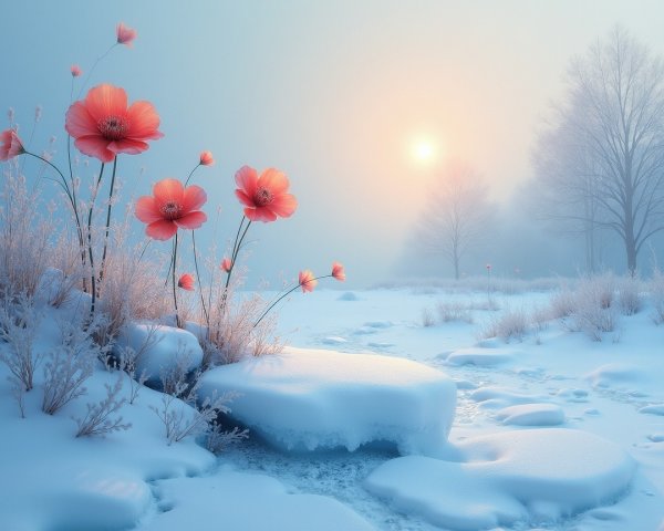 Winter Landscape with Pink Flowers and Snow