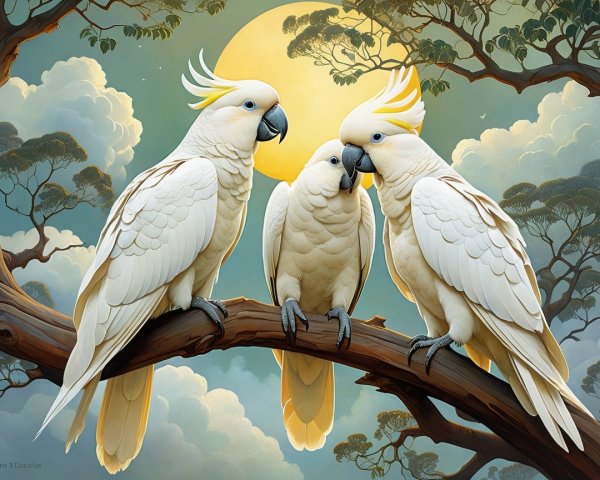 Elegant White Cockatoos in a Serene Landscape