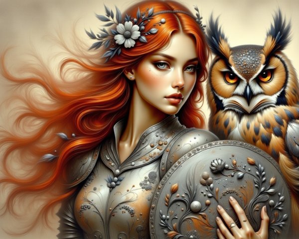 Woman in Armor with Red Hair and Owl Companion