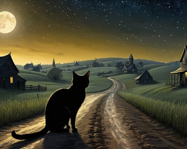Silhouette of a Cat Under a Full Moon in Village
