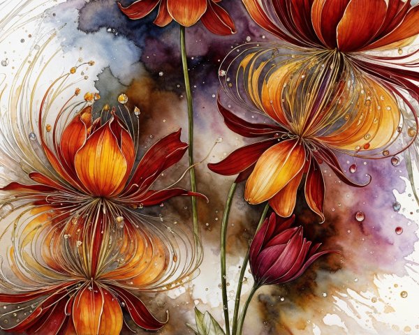 Vibrant Watercolor Illustration of Swirling Flowers