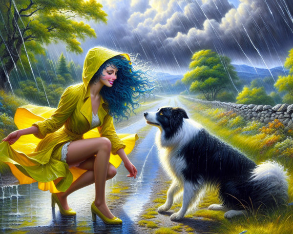 Woman in Yellow Raincoat with Dog in Rainy Landscape