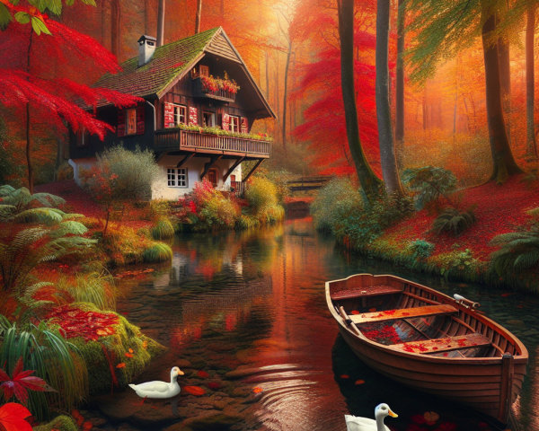 Charming Cottage Surrounded by Vibrant Autumn Trees