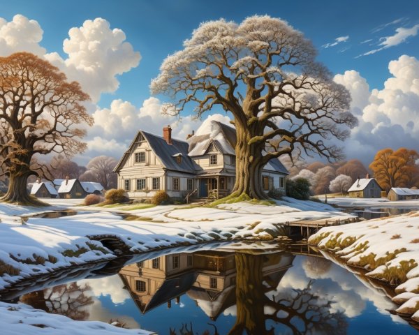 Winter Scene with House, Snow, and Reflective Pond