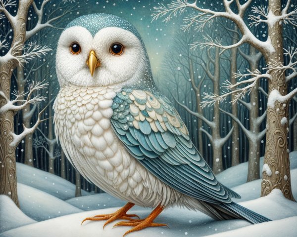 Whimsical Owl in a Snowy Winter Landscape