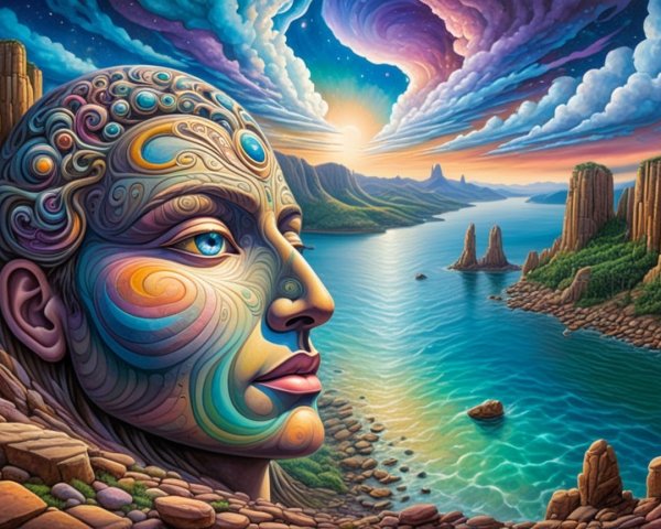 Psychedelic Digital Painting of a Majestic Stone Head