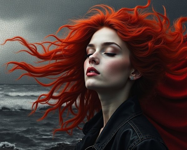 Woman with Red Hair in Dramatic Seascape Setting