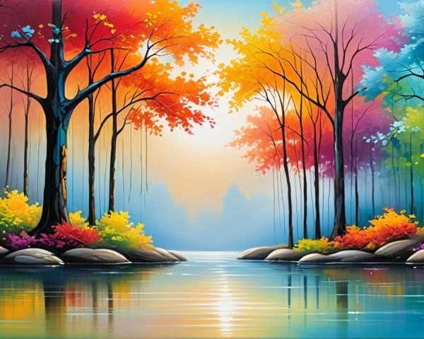 Colorful Fantasy Forest with River and Autumn Foliage