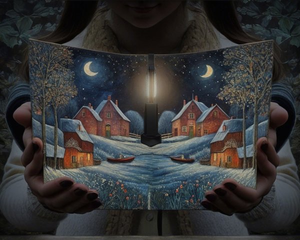 Close-Up of Hands Holding a Book with Snowy Village Scene