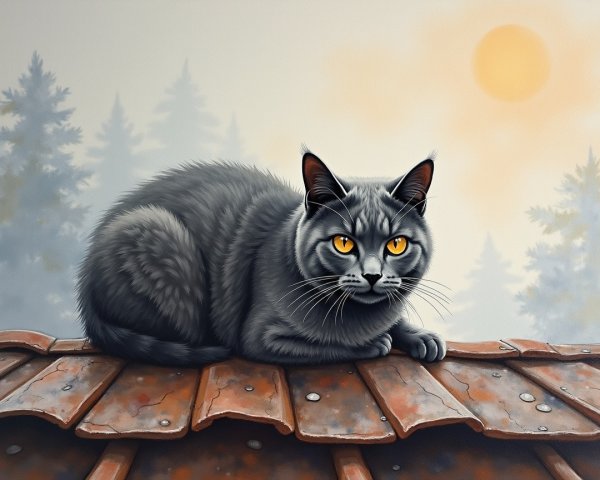 Gray Cat with Orange Eyes on Rustic Rooftop