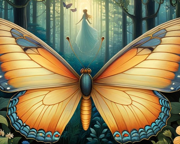Intricate Butterfly with Forest Background and Figure