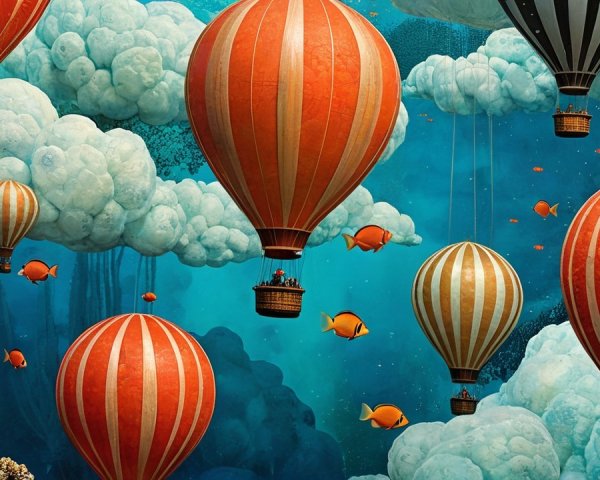 Whimsical Underwater Scene with Hot Air Balloons