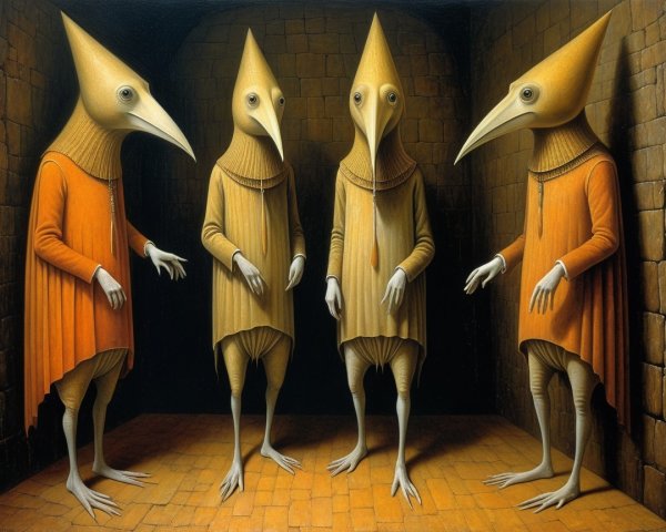 Anthropomorphic figures in a dimly lit chamber