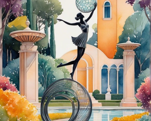 Serene garden scene with sculpture and vibrant flowers