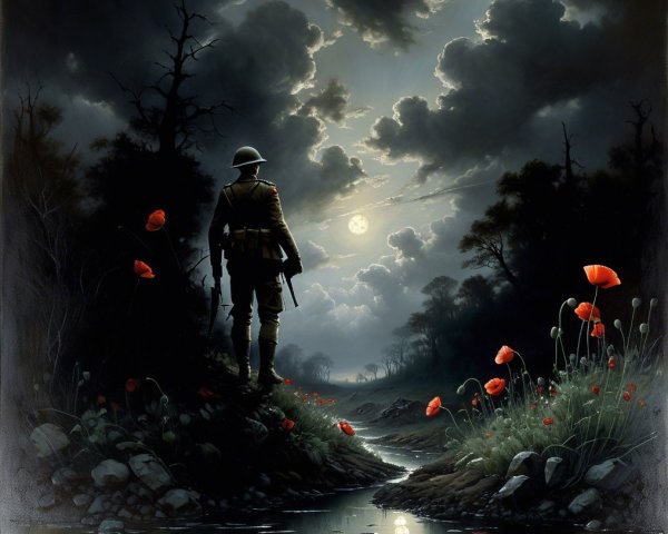 Solitary Soldier by Moonlit Stream with Poppies