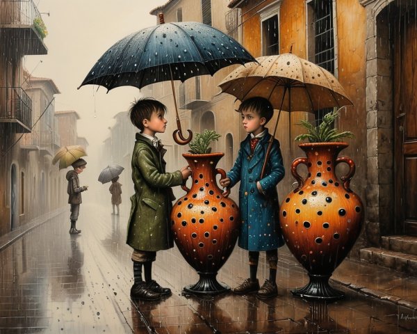 Boys in Vintage Coats on a Rainy Street Scene