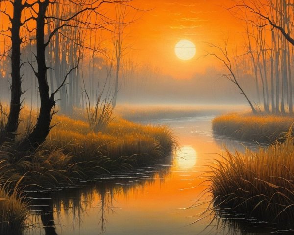 Serene Sunset Landscape with Calm River Reflection